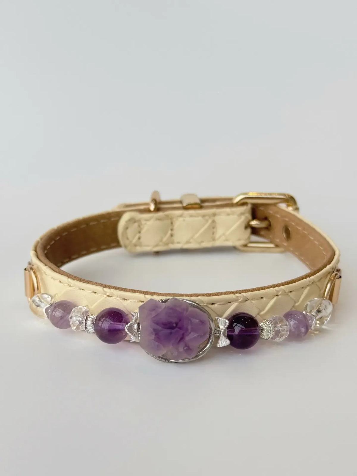Amethyst & Clear Quartz Beaded Pet Collar