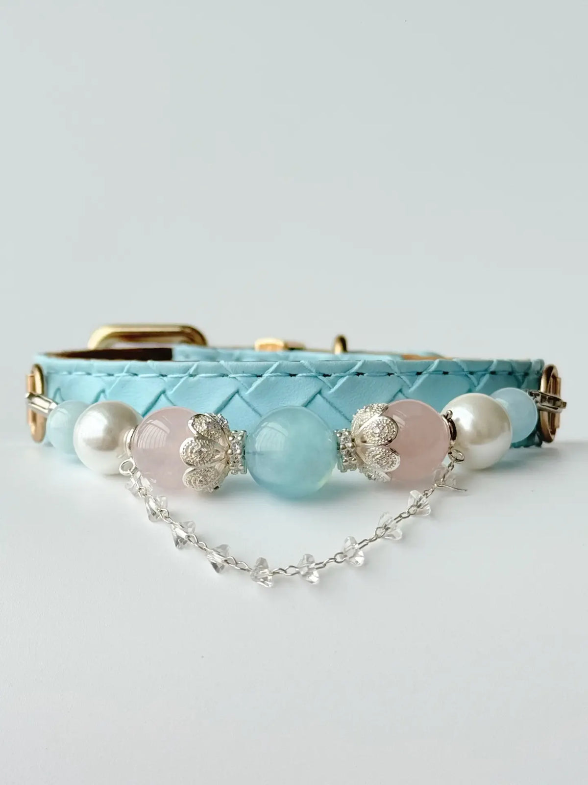 Aquamarine & Pearl Beaded Pet Collar