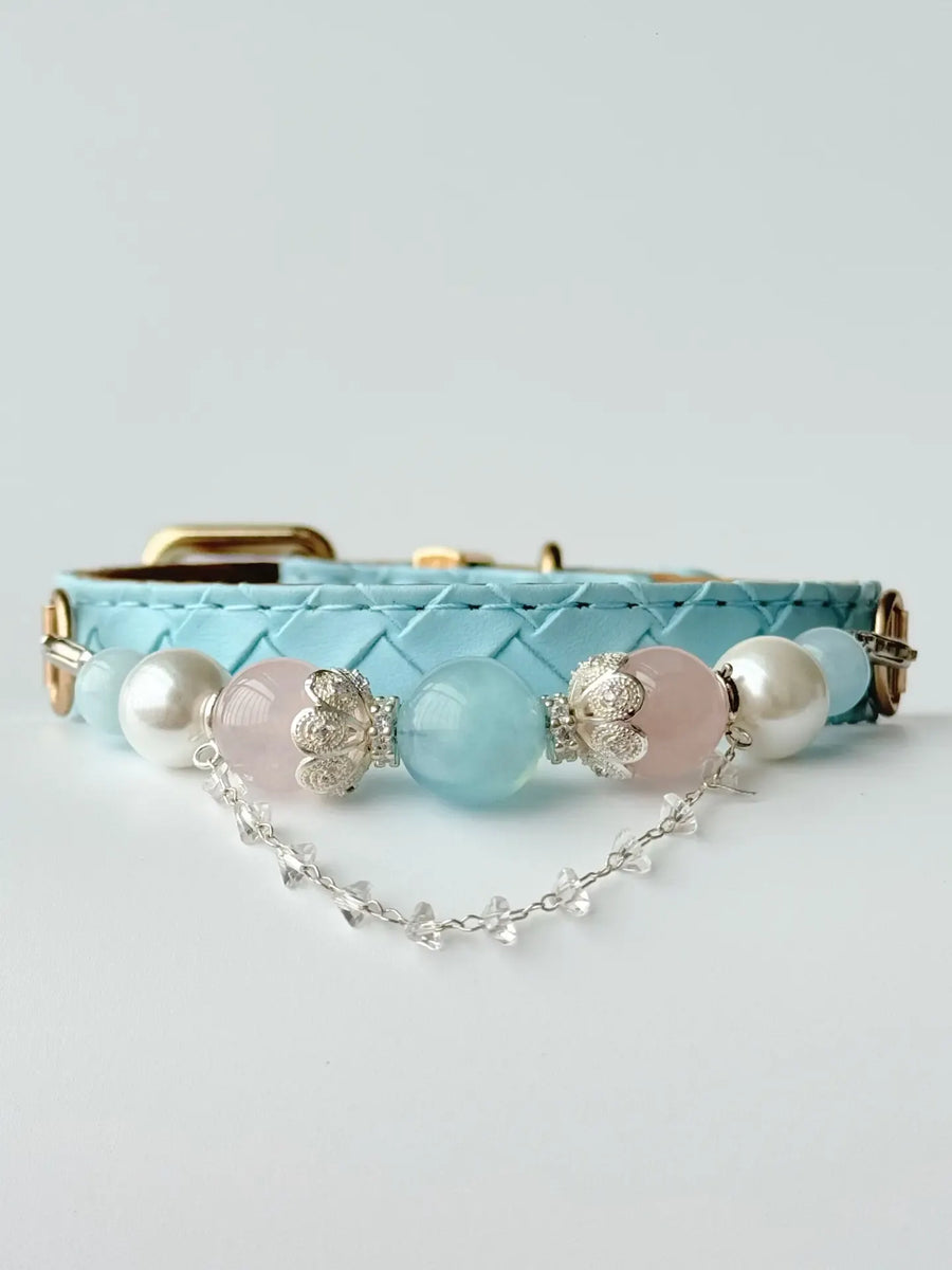 Aquamarine & Pearl Beaded Pet Collar